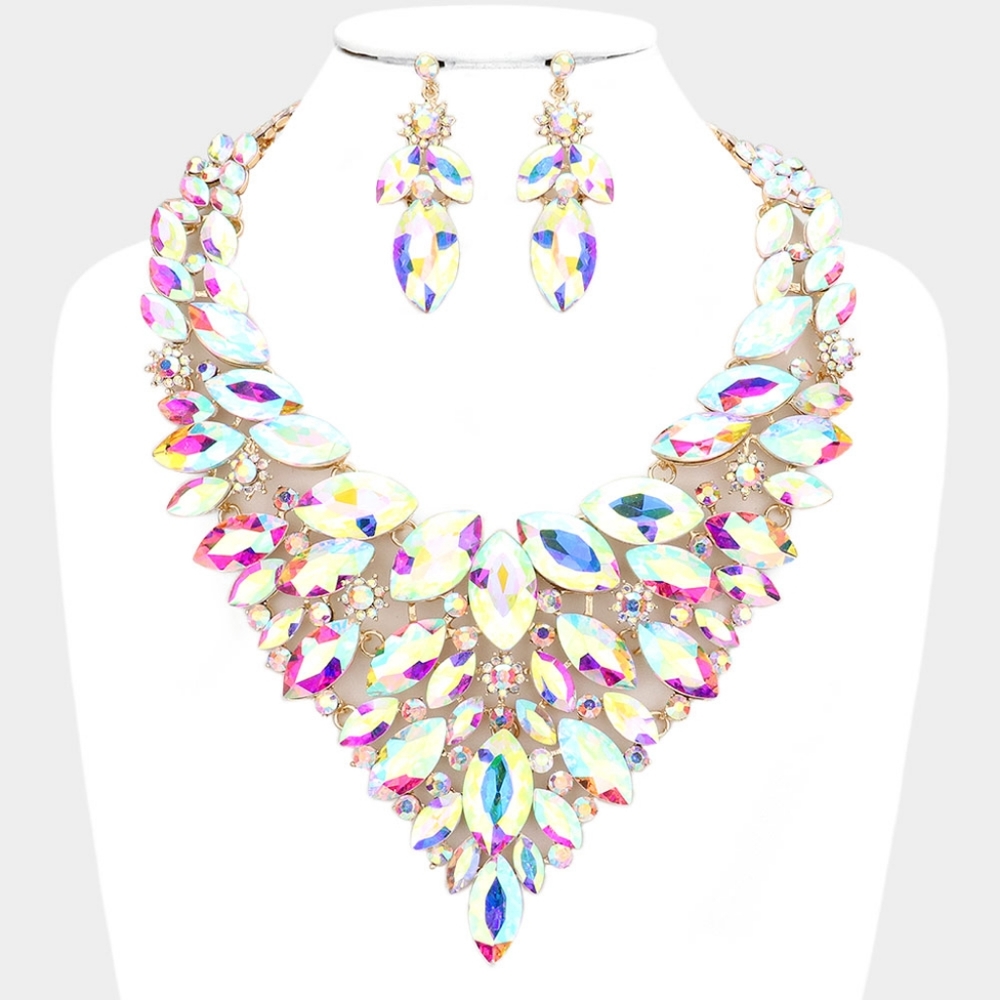 Gold Glamour Crystal Necklace Set w Earrings Cluster Marquise Statement Jewelry